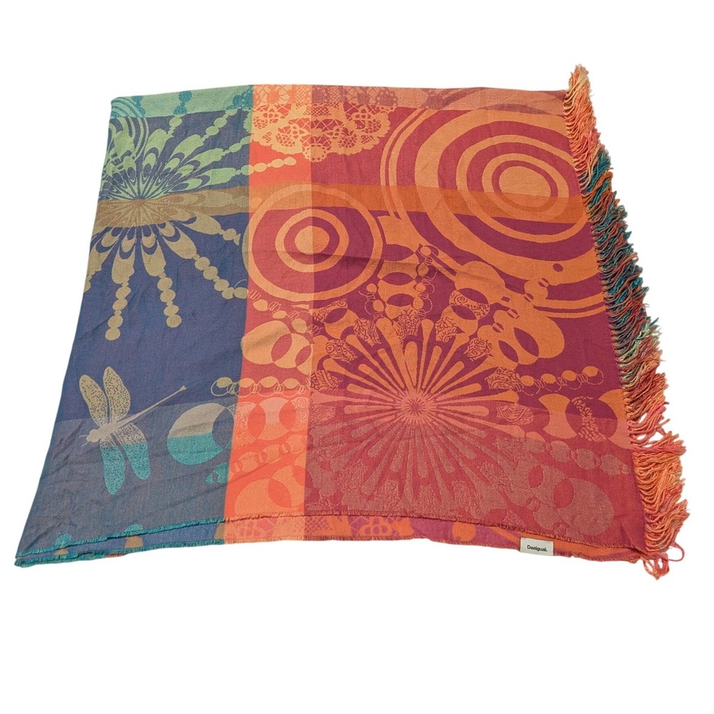 Desigual‎ Bohemian Patchwork Dragonfly Sunburst Scarf Wrap Shawl Boho Multicolor